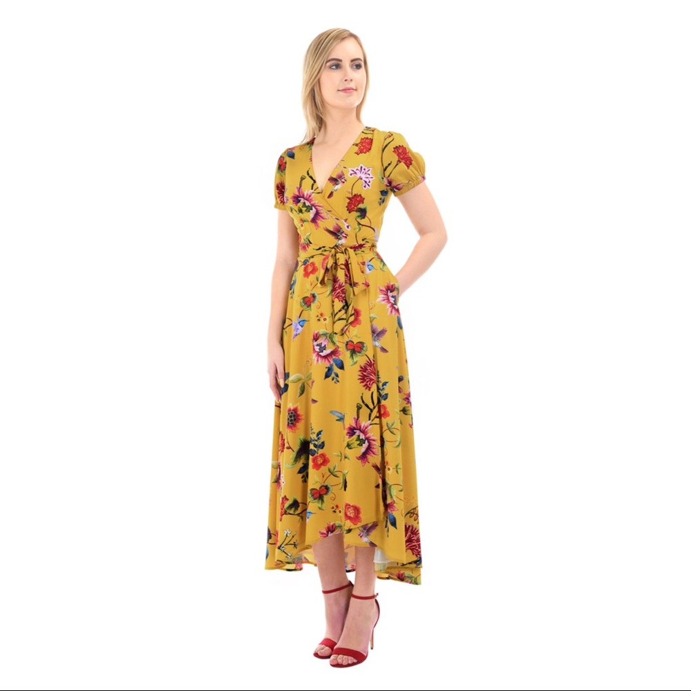 Eshakti mustard yellow floral bird print crepe wrap dress
